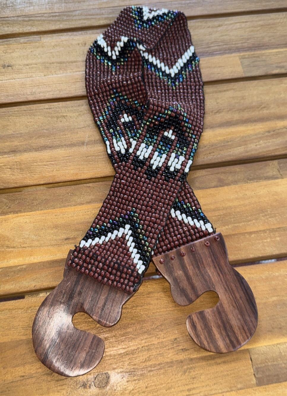 Canyon Aztec Southwest Stretch Beaded Elastic Belt Wooden Buckle Fits Size 6-16